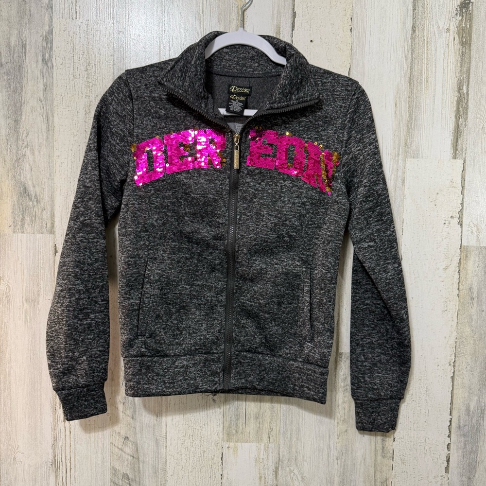 Dereon Gray Zipper Hoodie with Pink Gold Sequin Logo